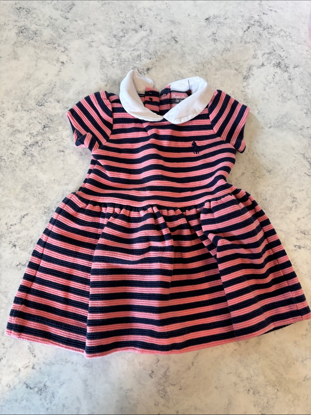 Ralph Lauren Pink and Navy Striped Polo Dress with White Peter Pan Collar